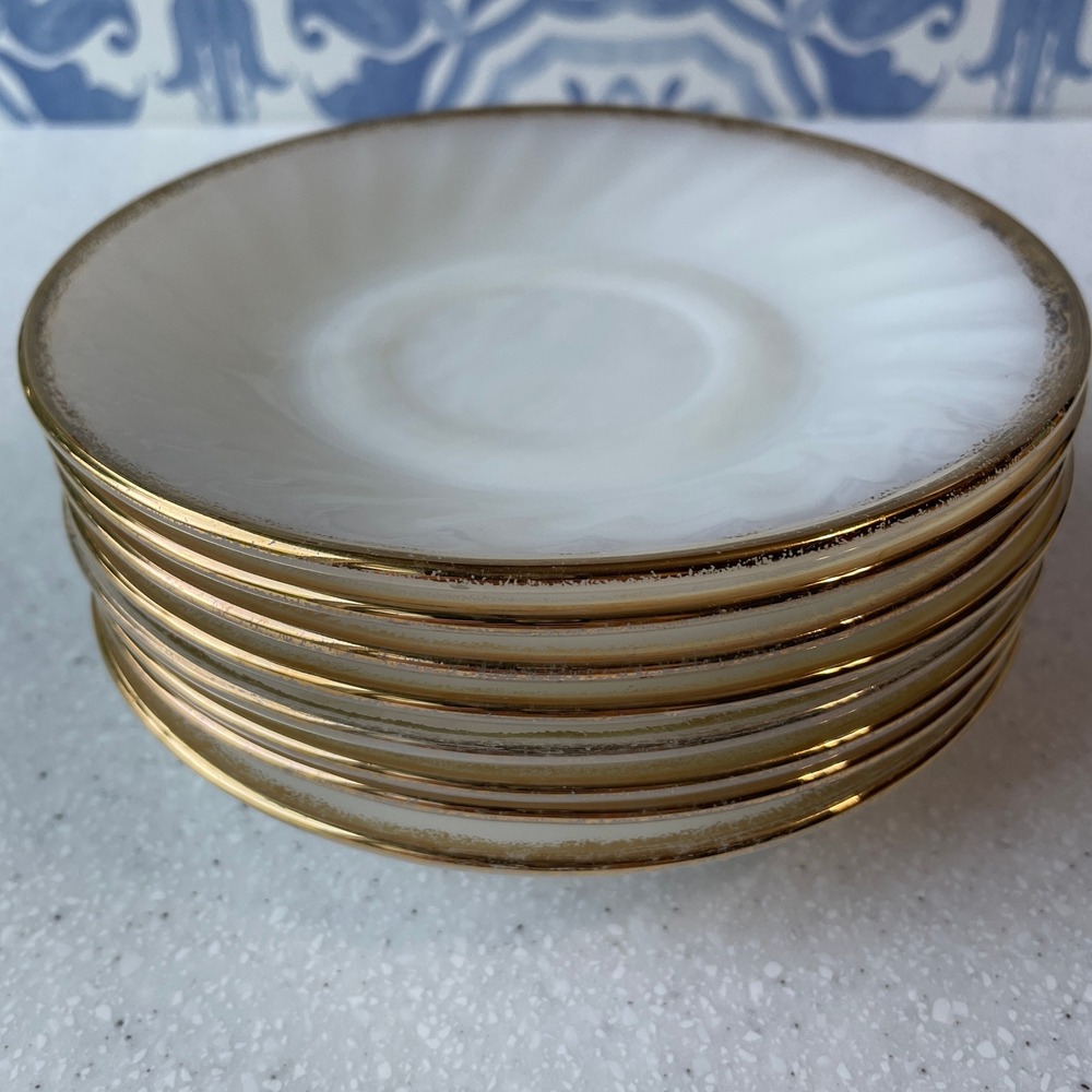 Fire-King Swirl Milk Glass Saucers Gold Trim White Set of 8 Vintage 5.75 inch